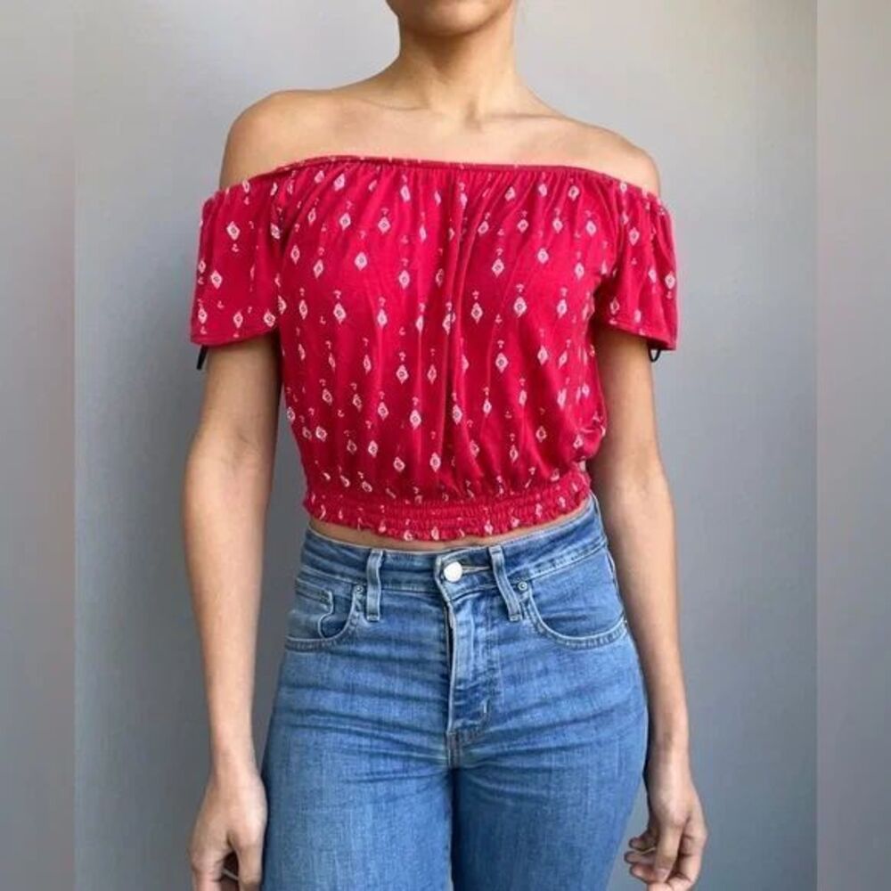 H&M x Coachella Top Women's Size XS Red Off Shoulder Cropped Western Boho Ruffle